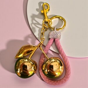 Designer Inspired Metallic Gold Cherry Purse Charm- Pink Braided Keyring Strap
